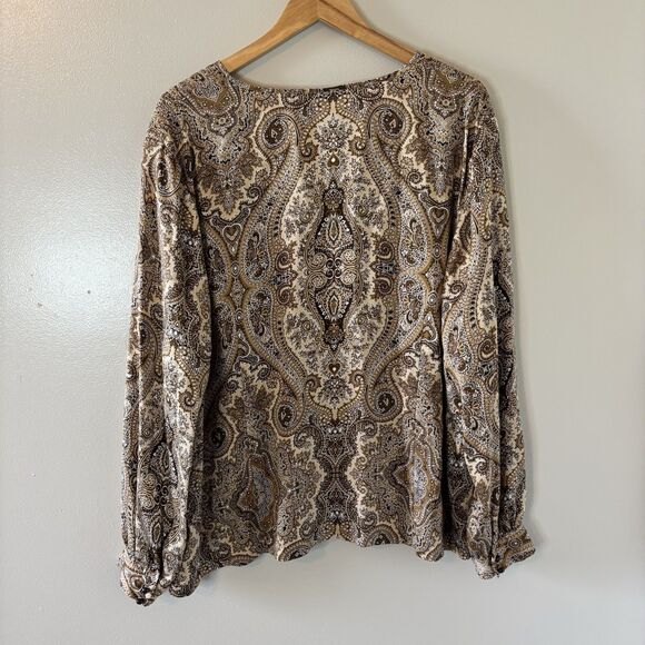 Talbots 100% Silk Blouse Brown Paisley Long Sleeve Wrap Top Sz 20W - Picture 7 of 9